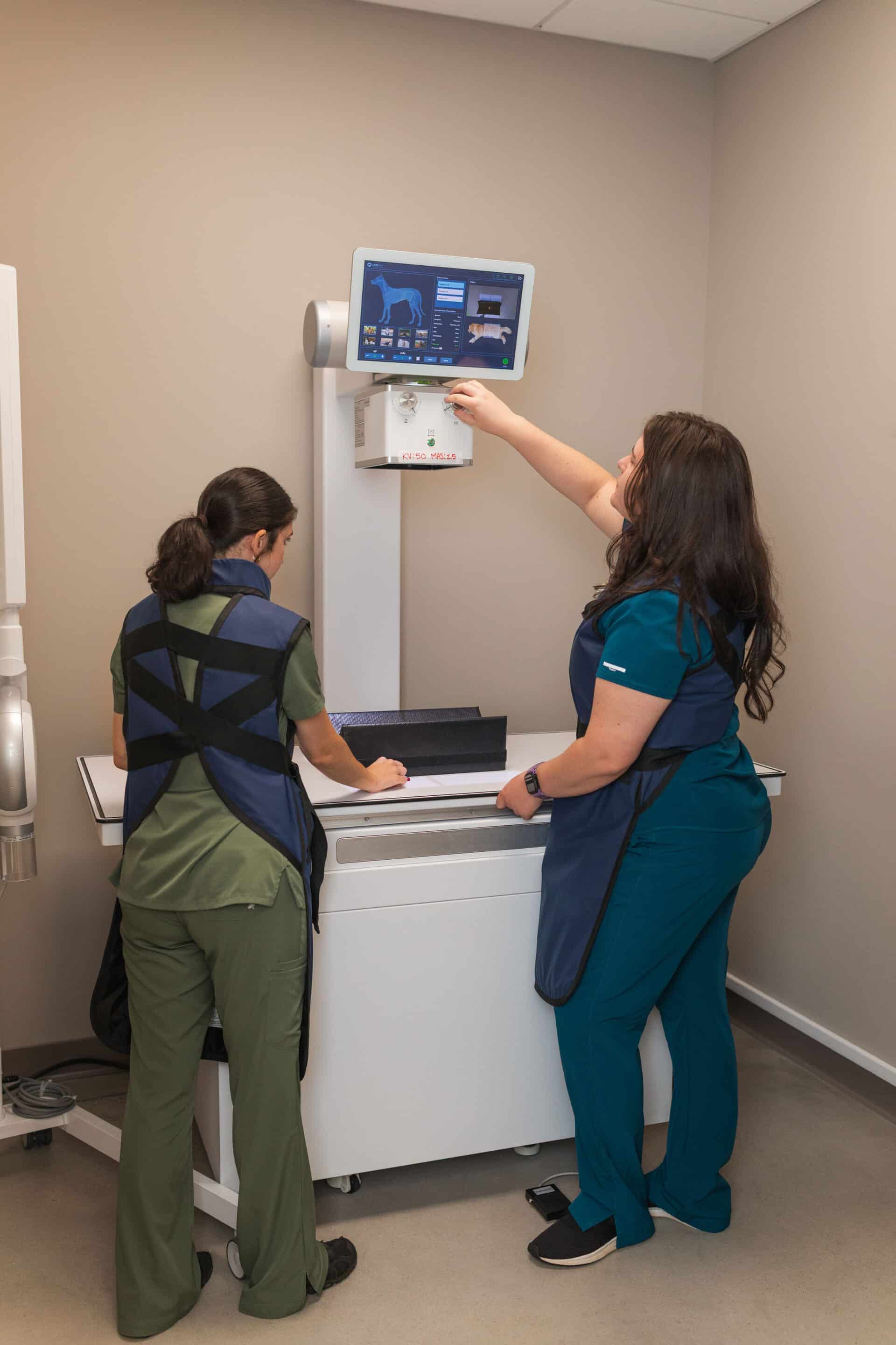 Two vet techs stand by a radiography machine
